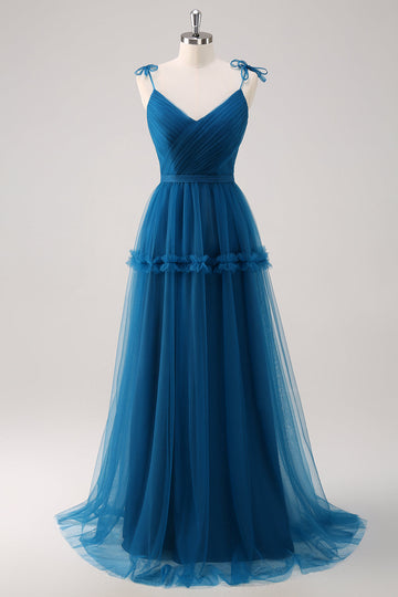 Tirantes finos azul oscuro Vestido largo de dama de honor de tul de línea A